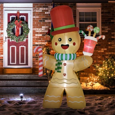 HOMCOM Opblaasbare Peperkoekman, 2,35 m, met LED-Lampjes, Weerbestendig, Incl. Blazer, Meerkleurig, Kerstdecoratie