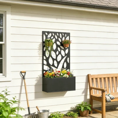 Outsunny metalen hoogbed met klimrek, wandmontage of vrijstaand, plantenbak met privacypaneel