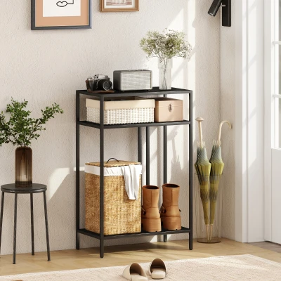 HOMCOM Consoletafel 3 niveaus opbergplanken Smalle Entreetafel Stalen Frame voor Woonkamer Hal 55 cm Zwart