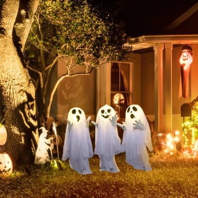 HOMCOM Halloween Decoratie, 3 Lichtgevende Spoken, bewegingssensor, 54 x 10 x 60 cm, Wit