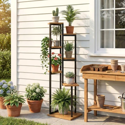 Outsunny 7-lagen Plantenstandaard, 130 cm hoge Bloemenstandaard, Trapsgewijs Plantenrek van Hout, Meerlagig Lichtbruin