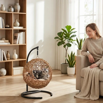 PawHut Rattan kattenmand met wasbaar kussen en speelbal, voor katten tot 10 kg, 45 x 41 x 75 cm, lichtbruin