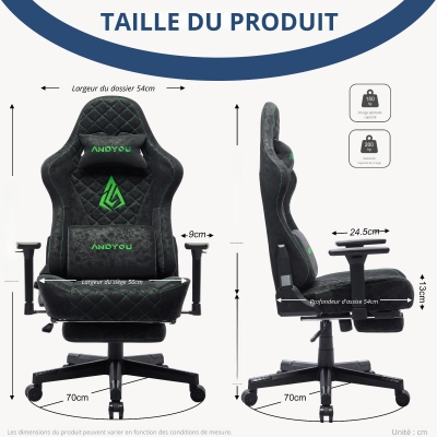 Chaise gaming ergonomique, Noir