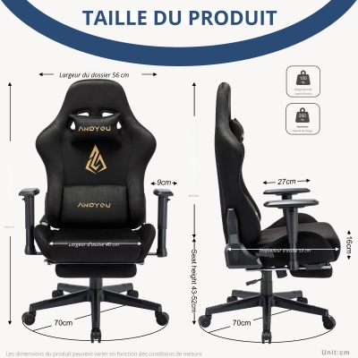 Chaise gaming avec repose-pieds, Noir