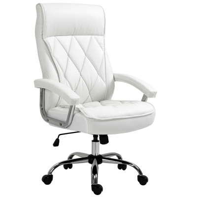 Vinsetto bureaustoel kantoorstoel gaming stoel draaistoel ergonomisch met wipfunctie in hoogte verstelbaar ruitpatroon modern elegant luxe PU leer metaal schuim wit 66x69x121 cm