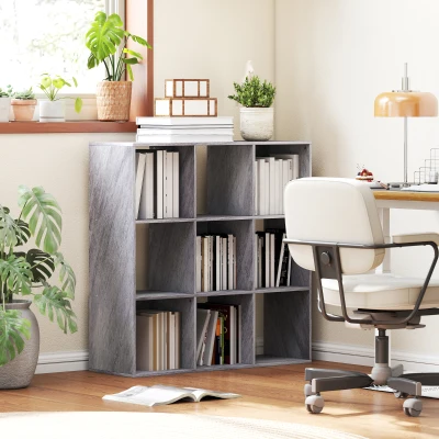 HOMCOM 3-Tier Bookcase 9-Compartment Marble Grey