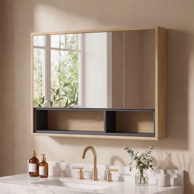 HOMCOM Mobilier de baie cu oglindă, dulap suspendat cu 3 uși și 8 compartimente, stejar