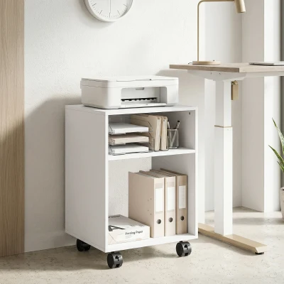 HOMCOM Mobile Porta Stampante in Legno con Ruote a Freno, Bianco