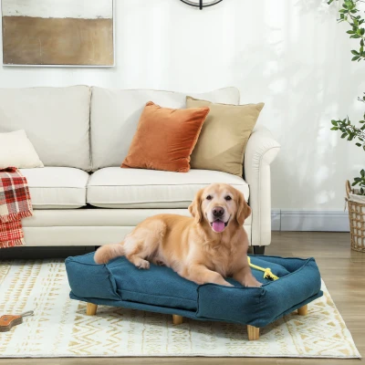 PawHut Hondenbank, huisdierenbank, huisdierenbed, afneembare en wasbare bekleding, natuurlijk + donkerblauw
