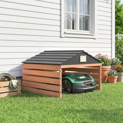 Outsunny Houten robotmaaiergarage met zadeldak, weerbestendig, voor robotmaaiers, 79 x 74 x 54 cm, roodbruin