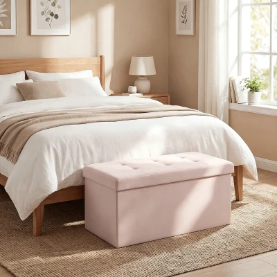 HOMCOM Banc Pliant 84L Lin Synthétique Rose 76x38x38 cm