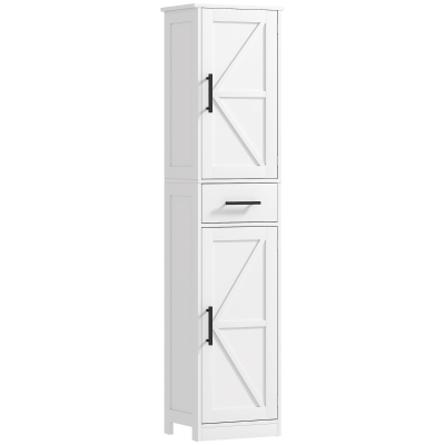 HOMCOM Armario Alto de Baño Estrecho con 2 Puertas 1 Cajón y 2 Estantes Ajustables Estilo Rústico 40x30x170 cm Blanco