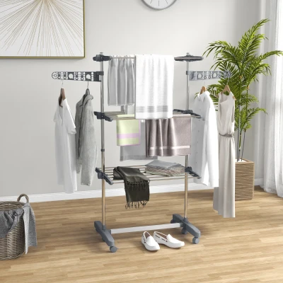 HOMCOM Opvouwbare Wasrek met 4 niveaus en One-Klick-systeem - 142 cm x 55 cm x 152 cm - Blauw + Zilver
