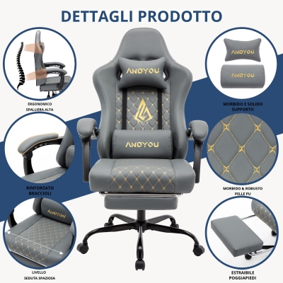 Sedia da gaming con poggiapiedi, Grigio