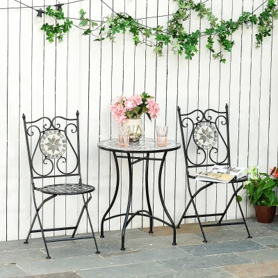Outsunny tuinset 3-delige mozaïektafel eetgroep tuinmeubelset 1 tafel + 2 opklapbare stoelen terras metaal meerkleurig