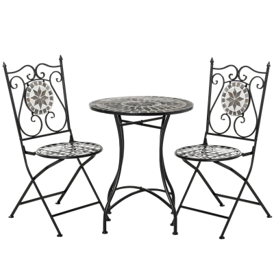Outsunny tuinset 3-delige mozaïektafel eetgroep tuinmeubelset 1 tafel + 2 opklapbare stoelen terras metaal meerkleurig