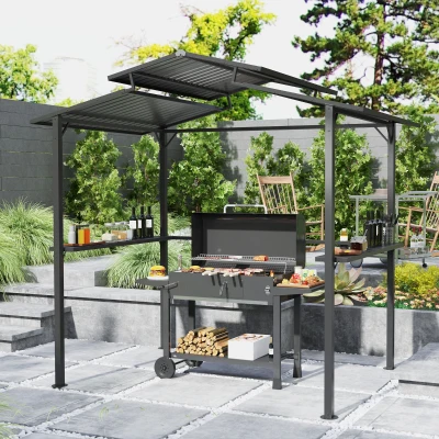 Outsunny Grillpaviljoen 250 x 160 x 250 cm Waterdicht Tuinpaviljoen met Dubbellaagdak en Zijplanken, Zwart