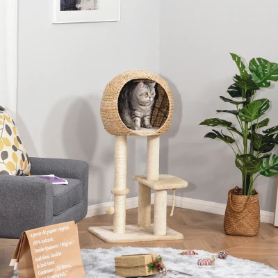 kattenboom krabpaal kitten meubel met kattengrot sisal zacht pluche beige