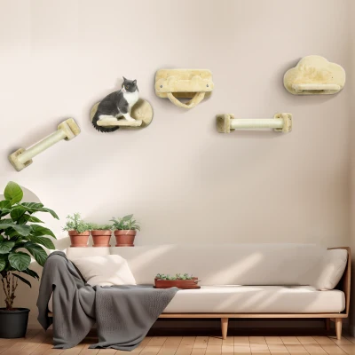 PawHut Katten trap, 5-delige set, 2 krabpalen, 2 platforms met pluche bekleding, hangmat, beige