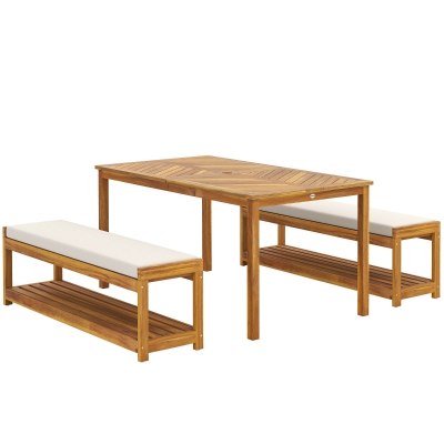 Outsunny 3 tlg. Gartenmöbel-Set, Sitzgarnitur inkl. 1 Esstisch mit Schirmloch, 2 Bänke 150 x 85 x 75 cm Teak