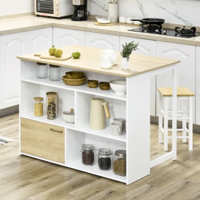 HOMCOM Isla de Cocina con Ala Abatible Mesa de Bar Alta con Múltiples Compartimentos 116x79,5x91 cm Blanco