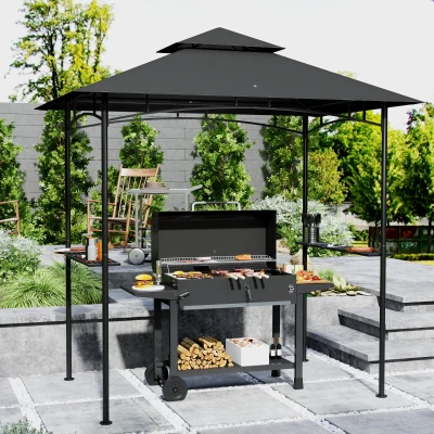Outsunny Grillpaviljoen met LED-verlichting 240 x 150 x 258 cm Waterafstotend en Vlamvertragend Tuinpaviljoen met Dubbellaagsdak