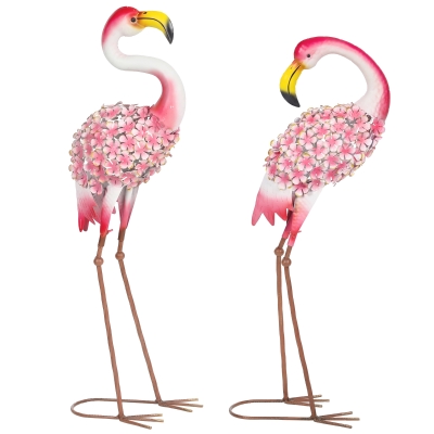 Outsunny Flamingo Tuinbeelden Set van 2, Bloemrijke Metalen Vogels, Staande Sculpturen met Grondankers, Rood