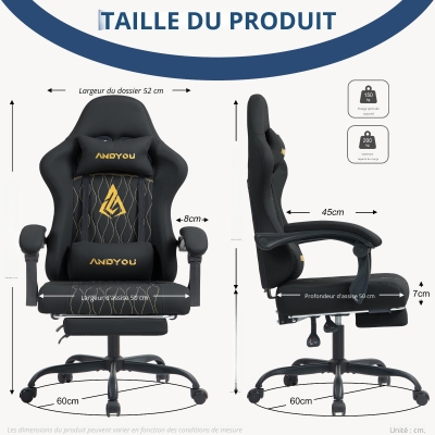 Fauteuil gaming avec repose-pieds, Noir