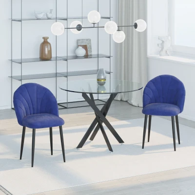 HOMCOM Chaises Velours Bleu Pieds Métal Noir 2pcs