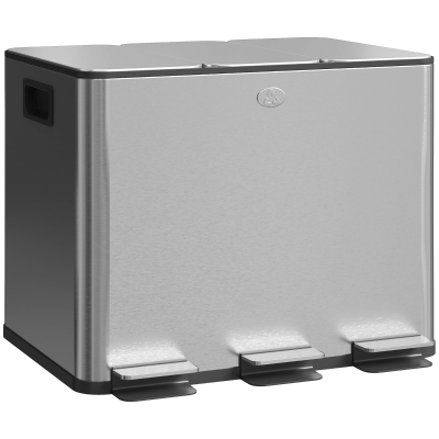 HOMCOM Papelera Cocina de Acero Inoxidable con 3 Compartimentos 3x10L con Pedales Tapas de Cierre Suave y Cubo Extraíble Plata
