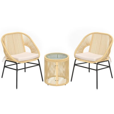Outsunny Rattan Bistroset 3-delig tuinmeubelset met 2 tuinstoelen, glazen tafel, wasbare kussens, ergonomisch