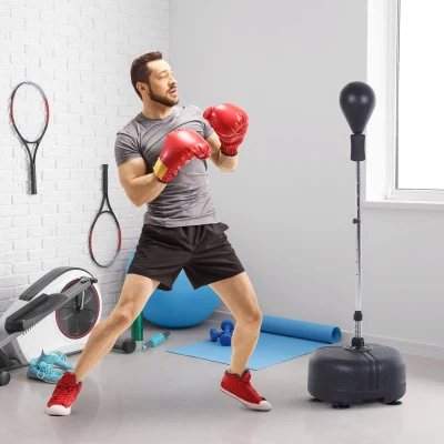 HOMCOM Boksbalset set voor bokstraining staande bokszak met rode handschoenen, in hoogte verstelbaar PU + staal + PE ø 48 x 136-154 H cm