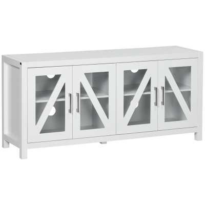 HOMCOM Mueble TV de Salón Mesa para Televisores de hasta 58" con 4 Puertas de Vidrio Estantes Ajustables 130x35x60 cm Blanco