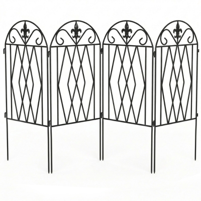 Outsunny Set de 4 Vallas de Jardín Metálicas 125x56 cm con Diseño Arqueado Resistente Fácil de Instalar para Patio Césped Negro