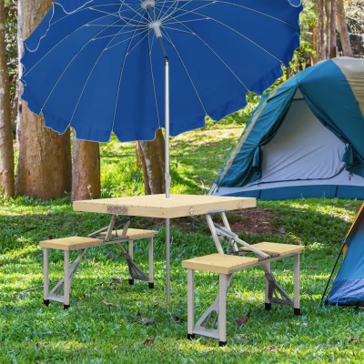 Outsunny Opvouwbare campingtafel met 4 zitplaatsen, parasolgat, houten tafelblad, aluminium frame, 85,5x72,5x67cm