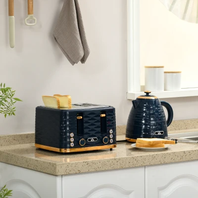 HOMCOM 2-in-1 Toaster- en Waterkoker-Set, 7 Bruiningsniveaus, Ontdooi- en Opwarmfunctie, Blauw