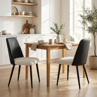 HOMCOM Juego de 2 Sillas de Cocina con Respaldo de PU de Imitación Ratán Patas de Acero y Asiento Acolchado Negro y Beige
