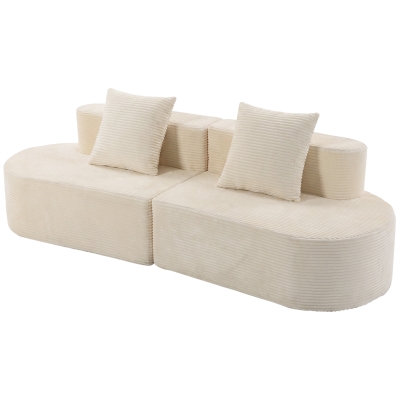 HOMCOM Canapea 3 locuri curbată, catifea cu nervuri 245cm, canapea living, șezut adânc, 2 perne, livrat comprimat, crem