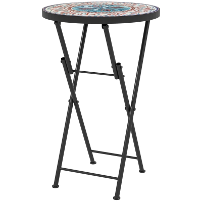 Outsunny Mozaïek Tuintafel, Opvouwbare ronde terrastafel met Metalen Frame en Keramische Tafelblad, Mozaïekpatroon, Meerkleurig