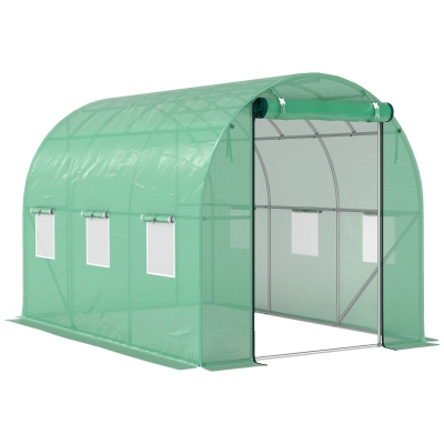 Outsunny Polytunnelkas met kunststof hoes en stalen frame, begaanbare kas met oprolbare deuren, Groen