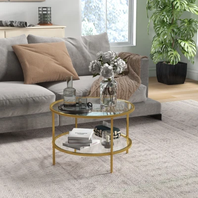HOMCOM Round Coffee Table 2-Tier Glass Storage Gold Tone