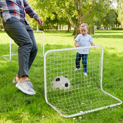 HOMCOM Set de 2 Porterías de Fútbol con Red y Balón para Niños y Adultos, Juguete Deportivo para Exterior Jardín con Inflador, de Acero y Poliéster, 78x46x56 cm, Blanco