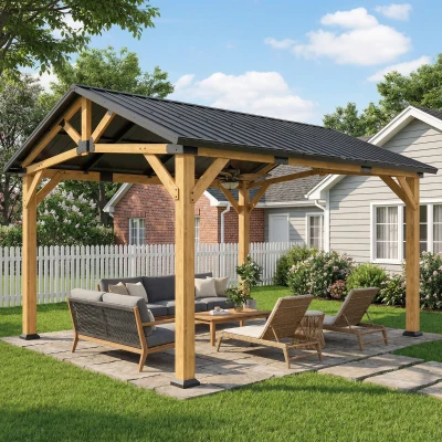 Outsunny Hardtop Gazebo Metal Roof Wood Frame Black Grey