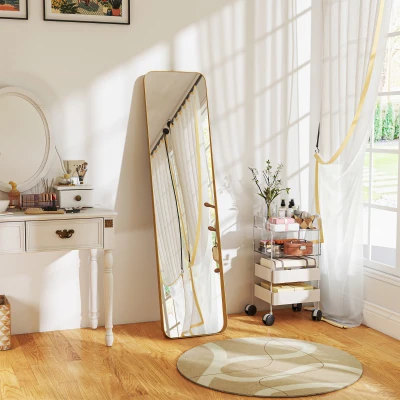 HOMCOM Passpiegel, vrijstaand, kantelbaar, metalen frame, MDF, 160 x 40 cm, goudkleurig