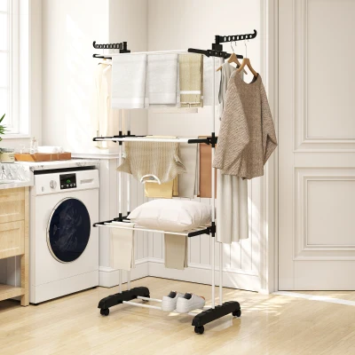 HOMCOM Tendedero de Ropa Plegable con Ruedas 3 Niveles con Alas Plegables y Colgadores 73x64x172 cm Negro y Blanco
