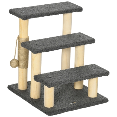 PawHut kattentrap, kattenboom, drie treden, speelbal, grijs+houtkleuren, 45 x 40 x 48 cm