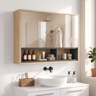 HOMCOM Badezimmermöbel mit Spiegel, wandhängender WC-Schrank mit 3 Türen und 8 Fächern, Eiche