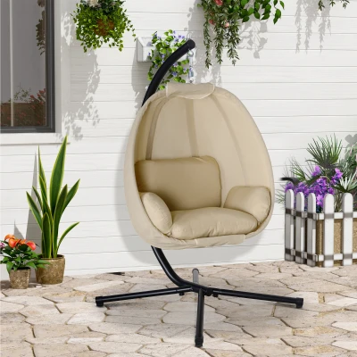 Outsunny Hangstoel, Ei-vormige Schommelzitting met Zacht Kussen, Geschikt voor Binnen en Buiten, 125L x 95B x 170H cm, Khaki