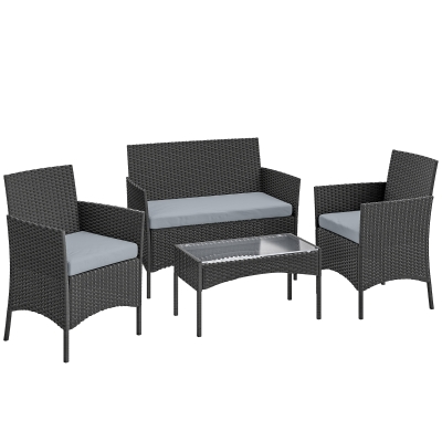 Outsunny 4pc Rattan Sofa Set with Table & Cushions, Black