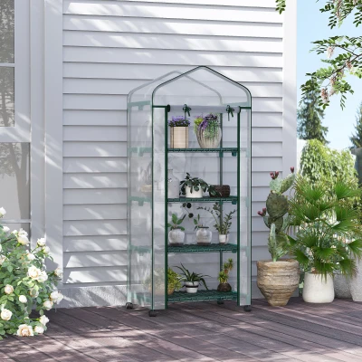 Outsunny Foliekas, broeikas, mini-kas, plantenhuis, kweekbed, 4 schappen, 69 x 50 x 165 cm, Transparant
